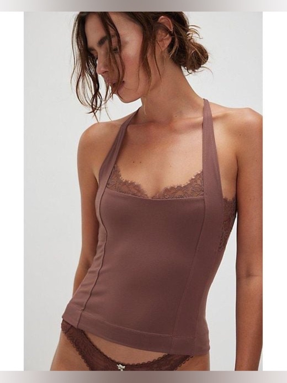 Free People Intimately Looking Good Cami Brown Lace Trim Top Open Back Size M - Picture 3 of 7